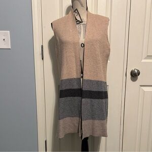 LOFT tan Sleeveless Open Cardigan with gray & navy stripes